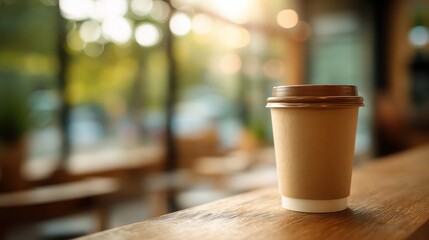 Blank brown paper coffee cup with a lid on a cafe table. Takeaway beverage concept. Morning coffee break.