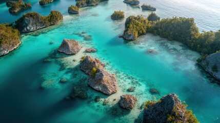 Aerial birds eye view of tropical blue ocean water with small rocky islands. Summer vacation concept with clear turquoise sea.