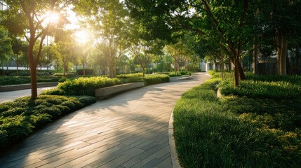Fototapeta premium Sunlight beams through green trees onto a winding park path. Beautiful garden design and urban landscape architecture. Outdoor nature space.