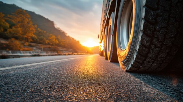 Truck wheels driving on an asphalt road at sunset. Low angle view of vehicle tire on highway. Transportation and logistics concept.