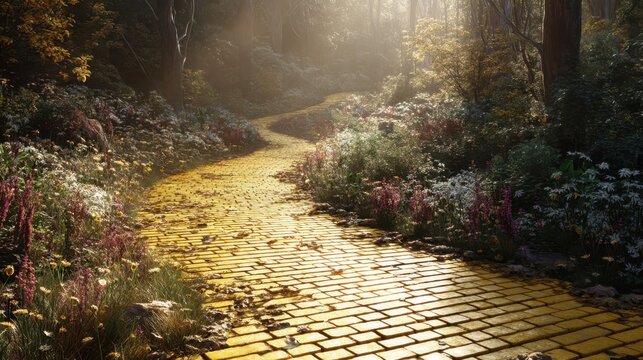 Fototapeta Winding yellow brick road through a sunlit forest. Enchanted path leading into a magical woodland. Fairytale journey concept.