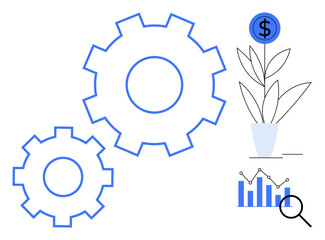 Two interconnected gears, a money plant in a pot with a currency icon, and analytics charts. Ideal for productivity, finance, business growth, investment, innovation strategy optimization. Simple