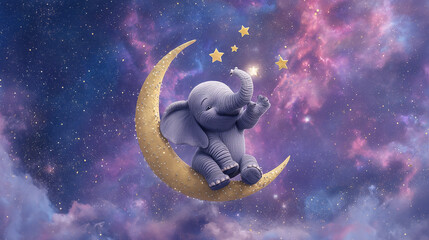 Baby Elephant sitting on the moon, cute and adorable cartoonish baby elephant with big ears sitting on the crescent moon, surrounded by stars