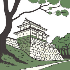 Morioka Castle Vector Illustration. Perfect for heritage education, Japanese history materials, travel design