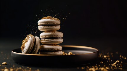 Elegant macarons with gold sprinkles on a black plate, dark background