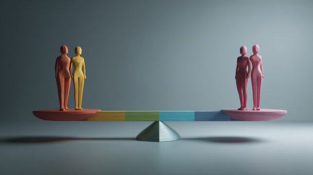 Conceptual image of balance and equality with two pairs of figures on a seesaw