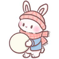 Cute winter bunny holding snowball cozy illustration soft pastel aesthetic kawaii animal art hand drawn style wintertime character for cards and crafts