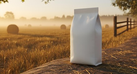 Blank White Stand-Up Pouch Mockup in Golden Hour Countryside Field with Hay Bales at Sunrise