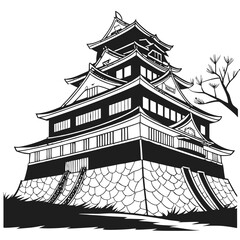 Okayama Castle Vector Illustration Black Fortress. Perfect for cultural posters, heritage branding, travel merchandise