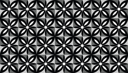 A seamless black and white geometric pattern inspired by floral shapes with petal-like motifs forming circular symmetry. The bold contrast and repetitive design create a stylish and elegant effect