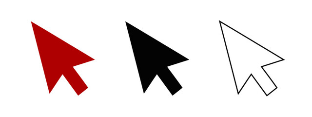 Three Arrow Cursor Icons Isolated on White Background in Red, Black and Outline Styles