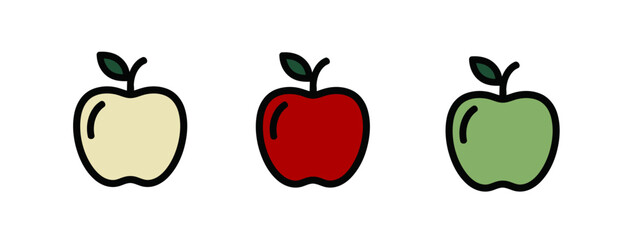 Three cartoon apples in yellow, red and green with black outlines on a seamless white background