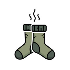 Pair of Steaming Gray Wool Socks Cartoon Icon with Black Outline and White Background