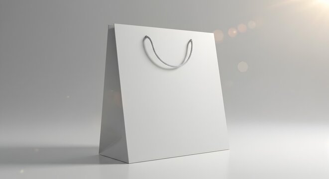 White Blank Paper Shopping Bag Mockup with Rope Handles Isolated on Light Background with Lens Flare