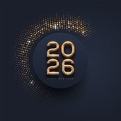 Modern 2026 New Year Celebration Vector. Elegant Golden 3D Numbers with Dark Background and Minimalist Glitter Particle Swirl Design.