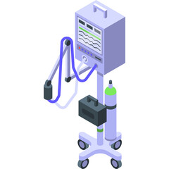 Isometric Medical Ventilator Machine With Oxygen Tank And Display Screen On Wheels In A Hospital Setting