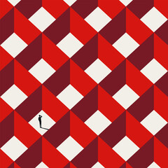 Abstract, minimalist vector art illustrating a lone business professional navigating a complex, repetitive labyrinth of cubicles. A visual metaphor for corporate confusion and the daily grind.
