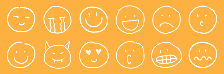 Set of 12 hand-drawn emoticons on orange background. Emoticons express various emotions like happiness, sadness, and surprise. Simple emoticons, expressive emoticons. White doodle elements, vector set