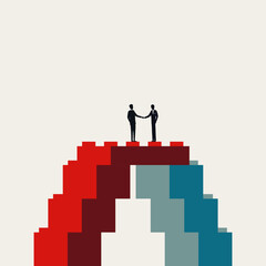 Conceptual vector illustration of two business professionals completing a deal with a handshake, symbolizing a successful merger, partnership, or acquisition via building a structural bridge of blocks
