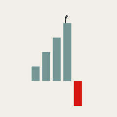 Vector illustration of a person standing atop a bar graph, looking down at a huge red column symbolizing a market crash, financial crisis, bankruptcy, or a major economic downturn.