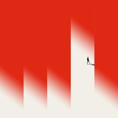 A strong visual metaphor for finding an opportunity or the entrance to a successful career. A business silhouette steps through a bright, glowing opening in a solid, red barrier.