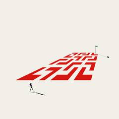Minimalist vector illustration of a person standing before the entrance to a complex red maze, with a flag marking the end. Represents a challenge, a business strategy, or a goal-setting journey.