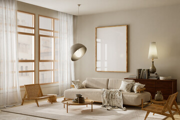 Mock-up poster frame in neutral living room interior with wooden furniture. 3D illustration