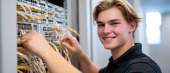 Young technician working on network connections in a technology lab during daylight hours