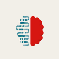 Conceptual vector illustration of a human brain split between a biological side and an AI/digital side with flowing binary code. Represents the merger of human and artificial intelligence.