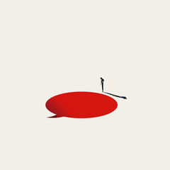 Conceptual vector image of a person looking into a red, speech bubble-shaped hole on the ground. Symbolizes facing a pit of doubt, overwhelming negative comments, or social pressure.
