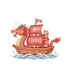 Fototapeta premium Traditional dragon boat with red sails on waves. Lunar New Year parade theme, cultural heritage, festive folklore design, maritime storytelling, asian celebration and event branding