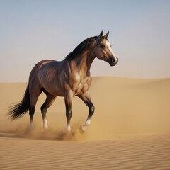 Obraz premium Majestic Arabian Horse Galloping Across the Desert Sands Under a Clear Sky.