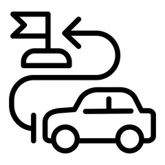 Car vehicle and destination flag line icon, driving school concept. Vector graphics. Route with location pointer and car sign on white background, style icon mobile or web design.