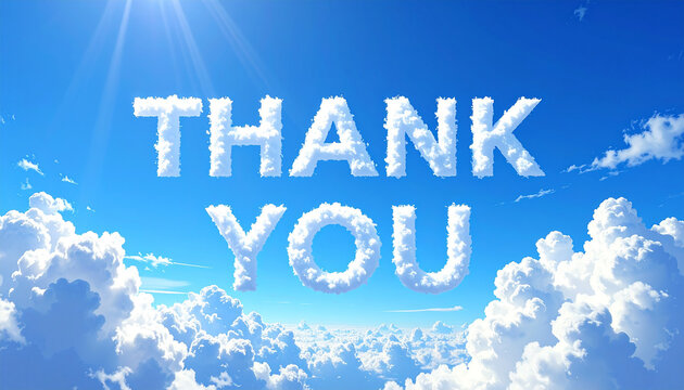 Thank You Cloud Text in Bright Blue Sky with Sun Rays – Gratitude Concept Background