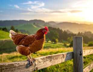 Brown hen perches on wooden fence, scenic rolling hills at sunset
