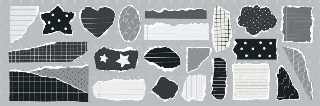 Collection of torn paper shapes in various patterns. Torn paper includes stars, hearts, and clouds. Patterns include polka dots, stripes, and grids. Gray element vector set.