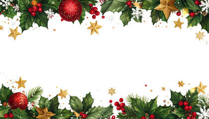 Elegant Christmas frame with holly berries and fir branches bordering a space for a merry holiday card or illustration on white background