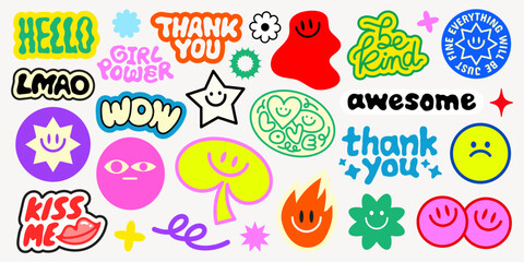 Colorful stickers with phrases like 'thank you', 'be kind', 'girl power', and 'awesome' Features stars, hearts, and smiley faces in vibrant designs Funky stickers, vector set