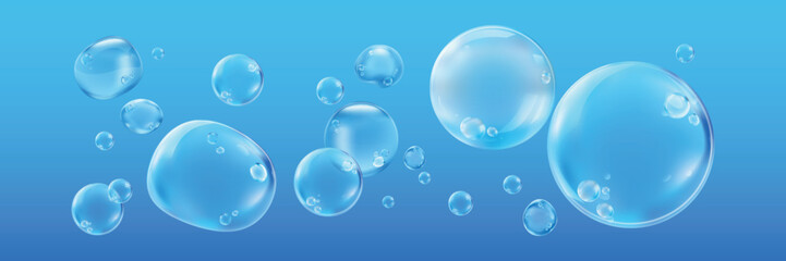 Floating bubbles on a blue background. Bubbles vary in size, creating a serene, airy atmosphere. Bubbles add a playful, light touch to the blue scene. Soap bubble element vector set.