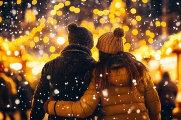Faceless couple walking through a festive Christmas market. A warm winter evening filled with lights and joy.
