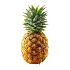 A single, ripe pineapple, golden-yellow with a vibrant green crown, is isolated against a black background