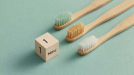 Eco-friendly dental care concept with bamboo toothbrushes and november 1st wooden calendar block