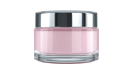 A cylindrical jar of pale pink cream with a silver lid, isolated on a black background