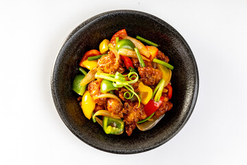 Crispy fried chicken, sweet and sour on white background