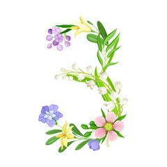 Number Three Formed With Delicate Spring Flowers Lilies And Green Leaves Isolated On White Background Elegant Floral Design