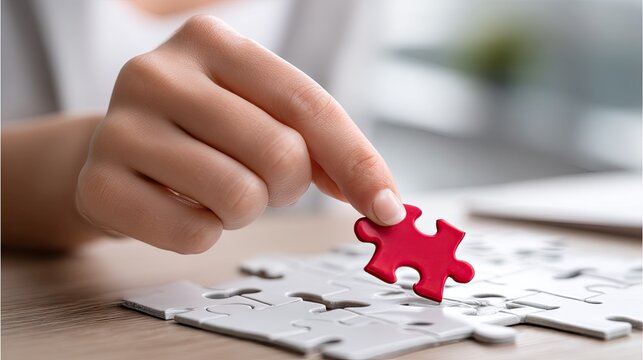 Engaging in a relaxing puzzle activity at home during a calm afternoon with a red piece being placed