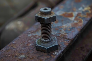 Close up of a rusty bolt and nuts fastening metal components, highlighting industrial construction and decay