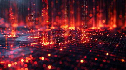 Abstract digital city ablaze in fiery red light.