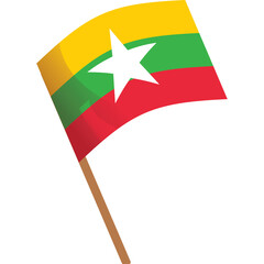 Myanmar Flag Waving on Wooden Pole Against White Background Symbolic Representation of National Identity and Independence