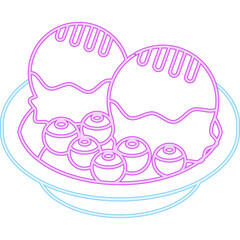 Neon outline illustration of two scoops of ice cream with blueberries served in a bowl against a transparent background glowing blue and pink